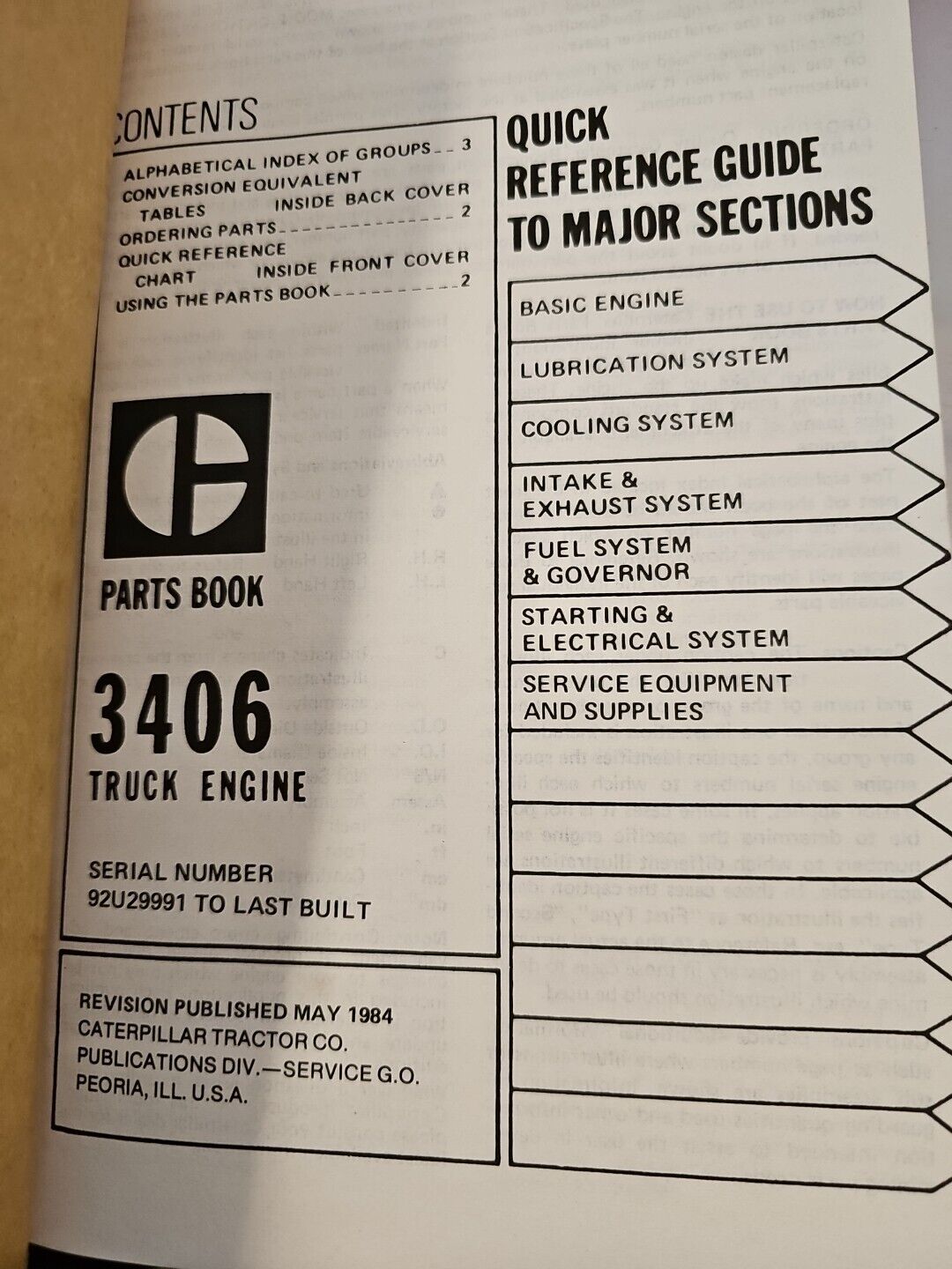 Caterpillar SEBP1273 3406 Truck Engine Parts Book 92U29991 to Last Built