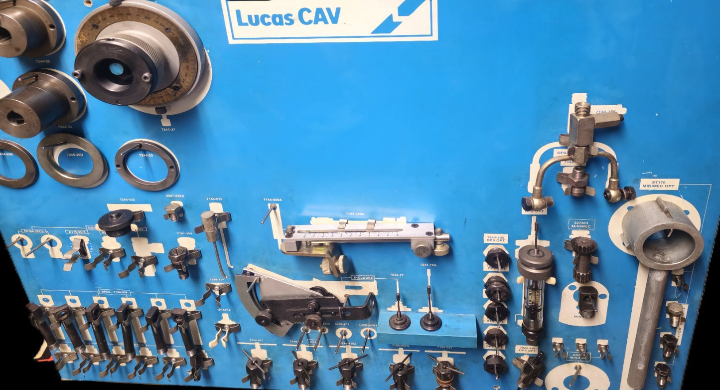 Lucas CAV DPA , DPS, and Simms Diesel Injection Pump Tool Board U/w/Test stands.