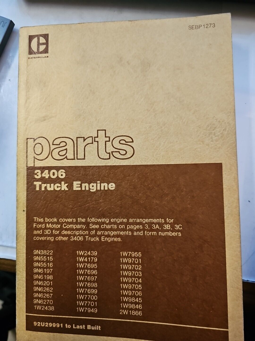Caterpillar SEBP1273 3406 Truck Engine Parts Book 92U29991 to Last Built