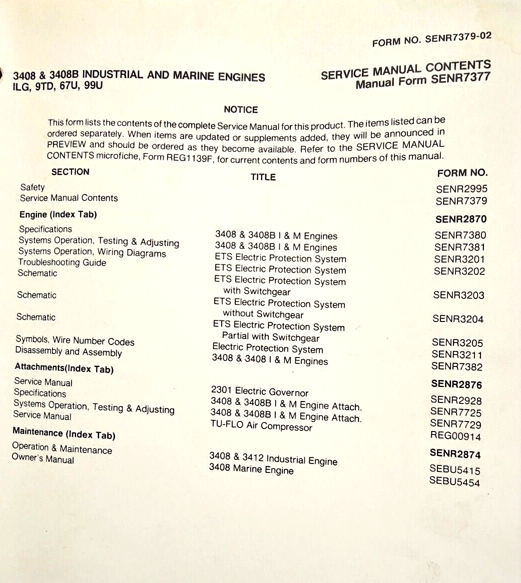 Service manual for CAT 3408 and 3408b Industrial and Marine engine SENR7377