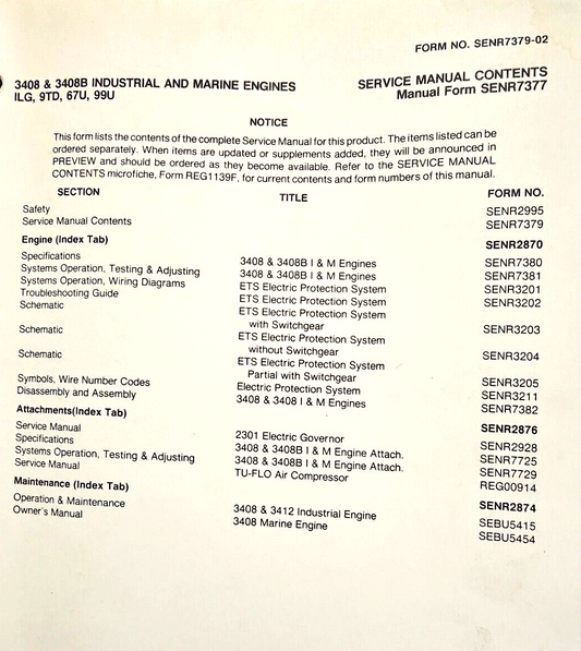 Service manual for CAT 3408 and 3408b Industrial and Marine engine SENR7377