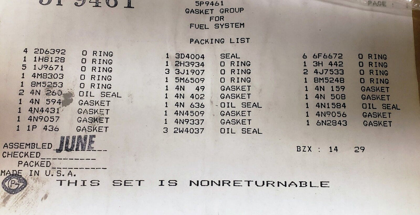 Caterpillar 5P9461 GASKET KIT (FUEL SYSTEM). This is a new aftermarket Kit.
