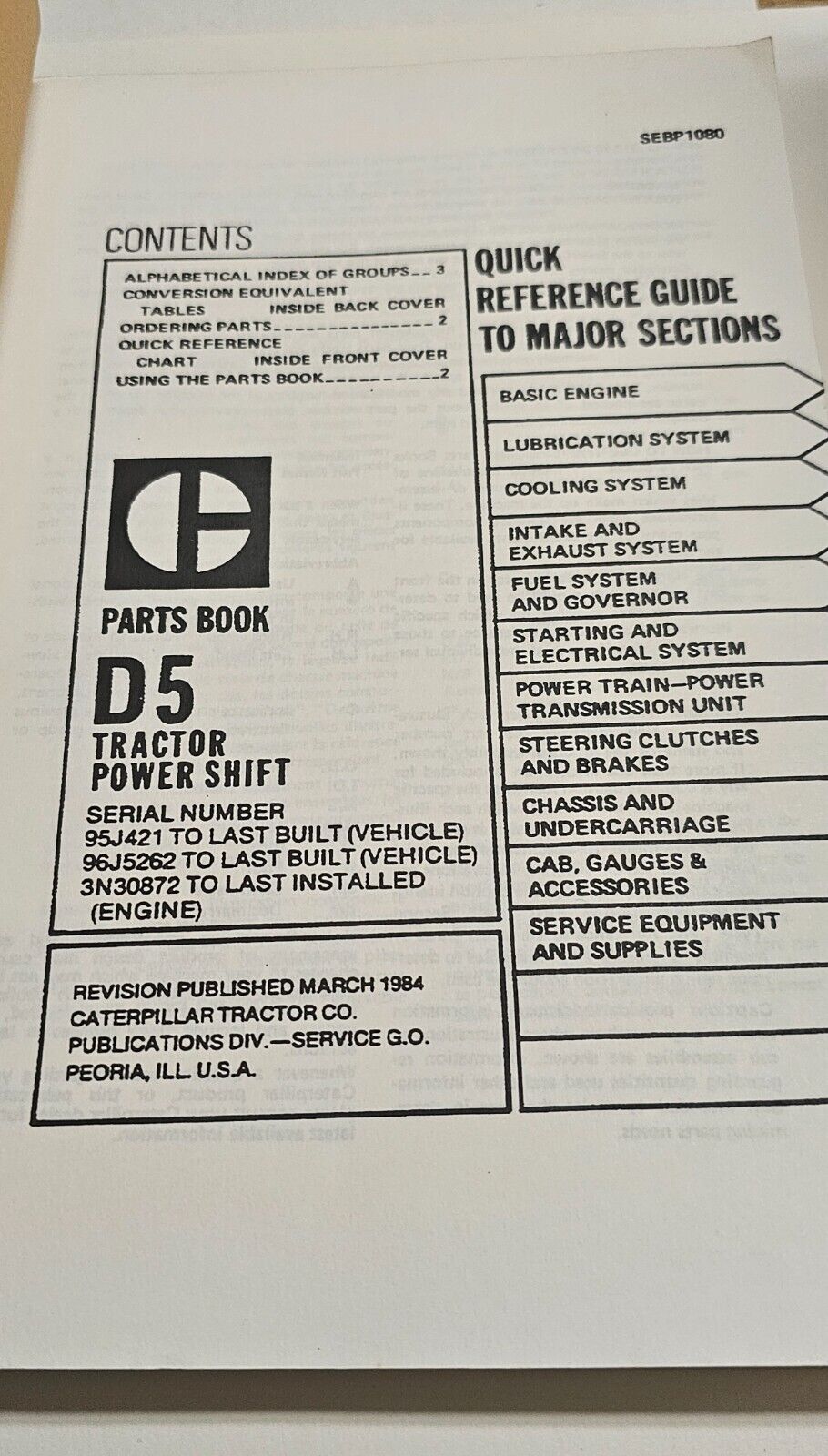 Caterpillar  D5 Tractor power shift parts manual SEBP1080 3606 Engine 3N30872 UP