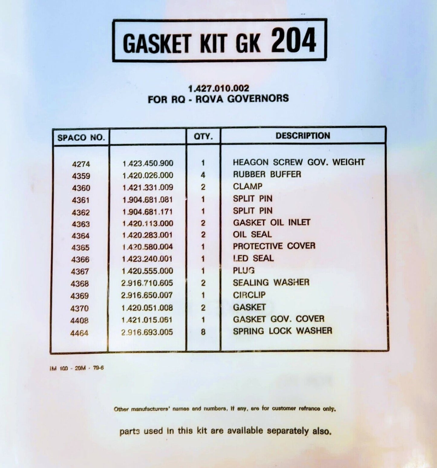 Gasket kit 1427010002 for BOSCH INJECTION PUMP GONERNORS RQ, RQV-A/P GK 204