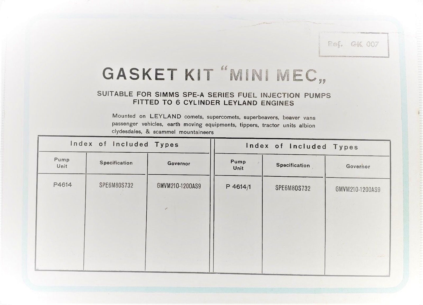 Simms GK007 Injection Pump Rebuild kit for P4614  MiniMec SPE 6M Leyland Engines